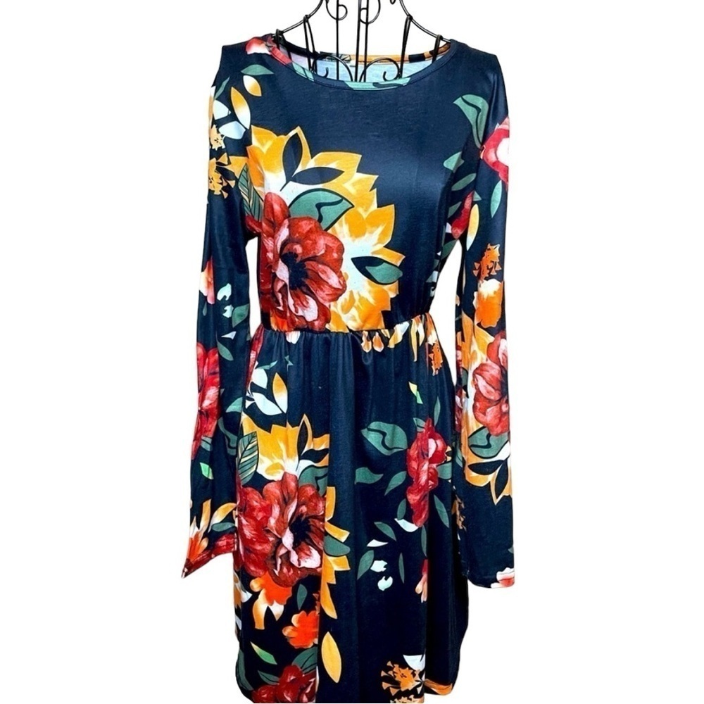 Navy Floral Long-Sleeve Midi Dress with Gathered Waist